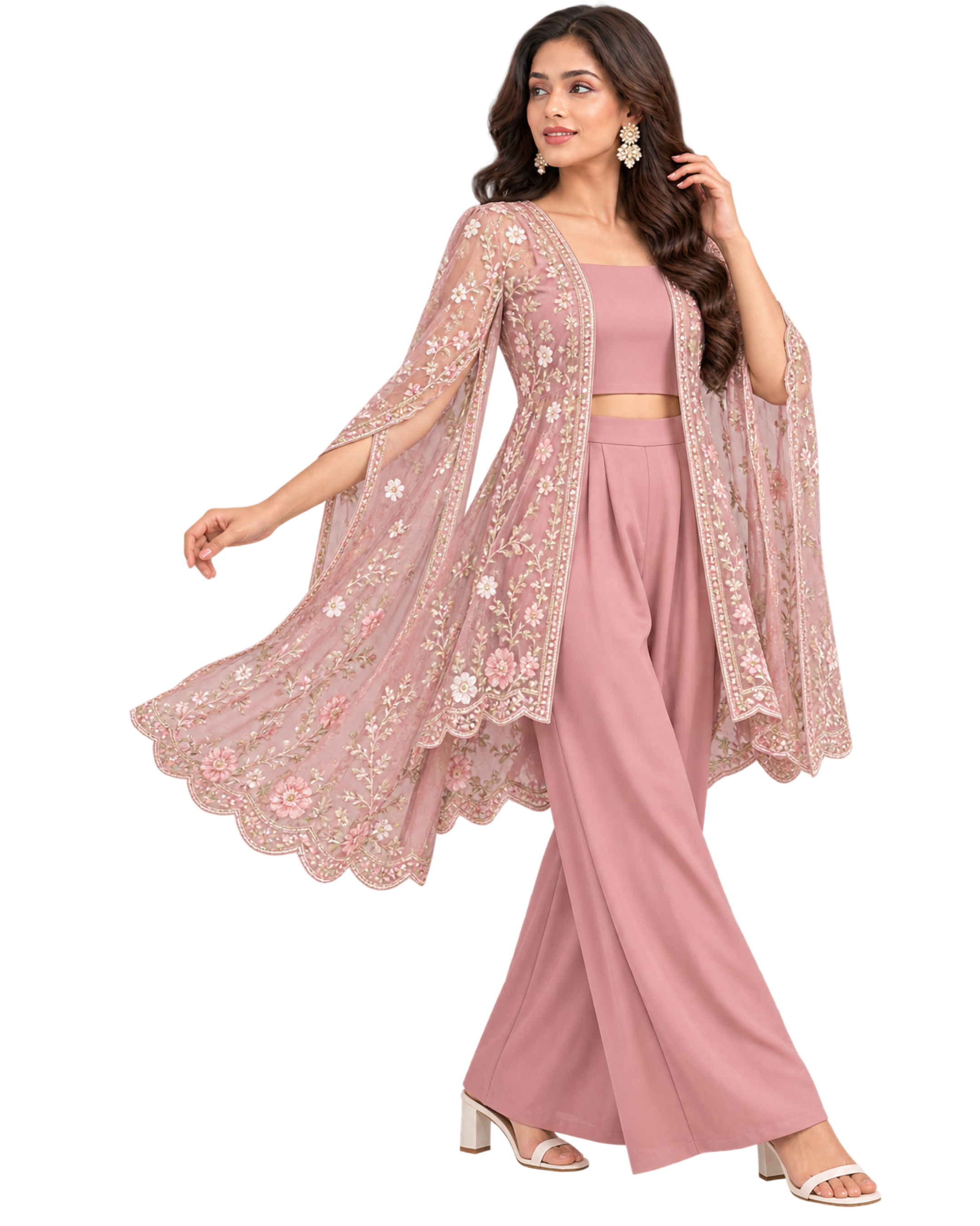 Net Embroidered Cape Set