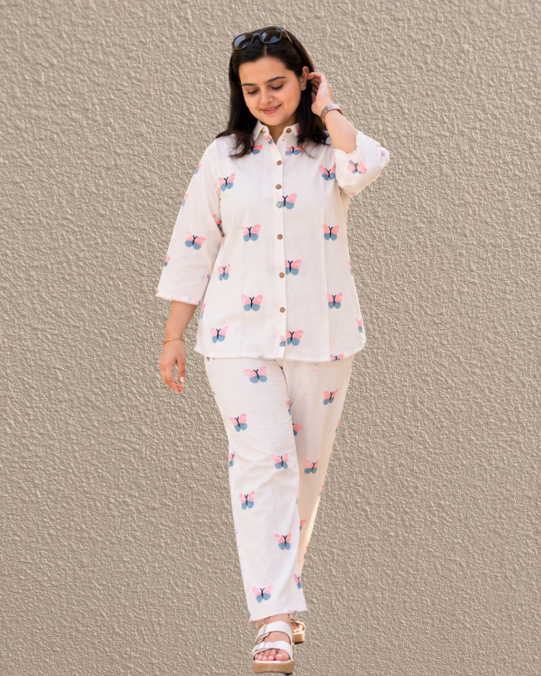 Miyami off- white butterfly embroidred work co-ord set