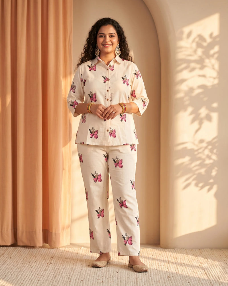 MIYAMI Off-White Pink and Black Butterfly Embroidered Co-ord Set