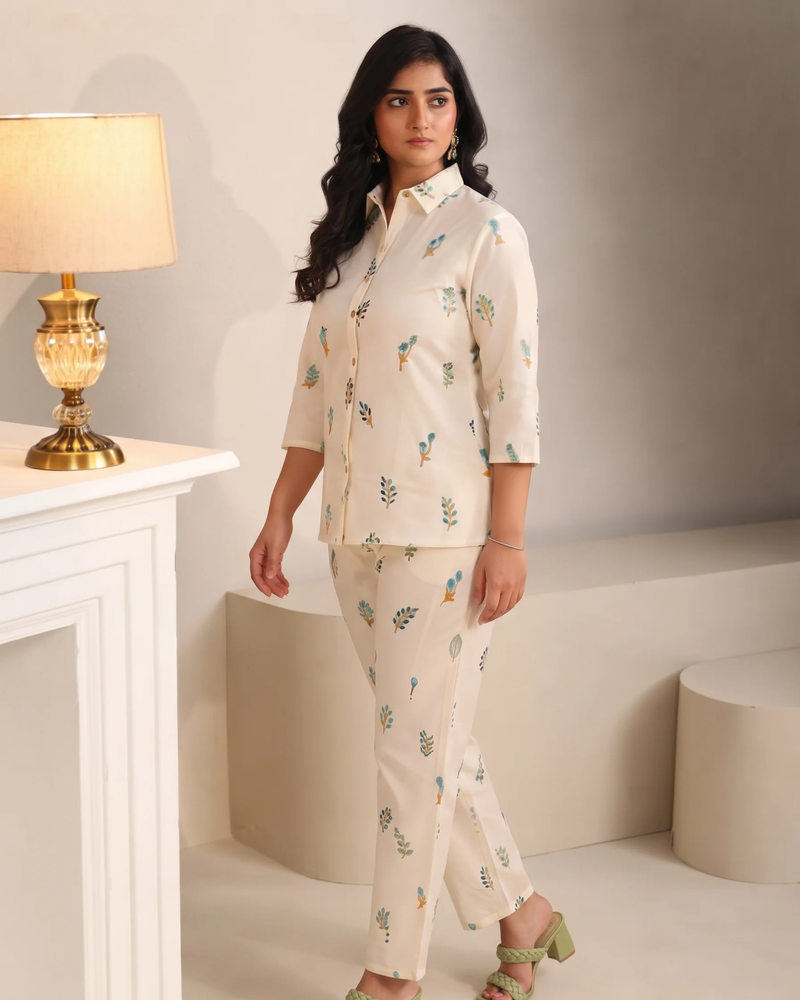 MIYAMI Off-White Botanical Embroidered Co-ord Set