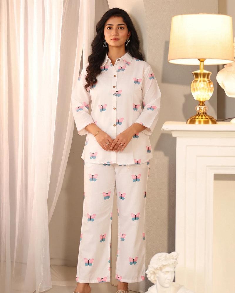 MIYAMI Off-White Pastel Butterfly Embroidered Co-ord Set