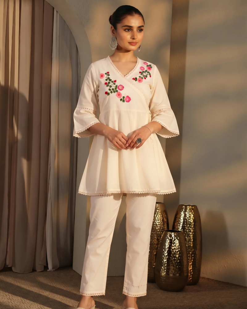 MIYAMI Off-White Floral Embroidered Angrakha-Style Tunic