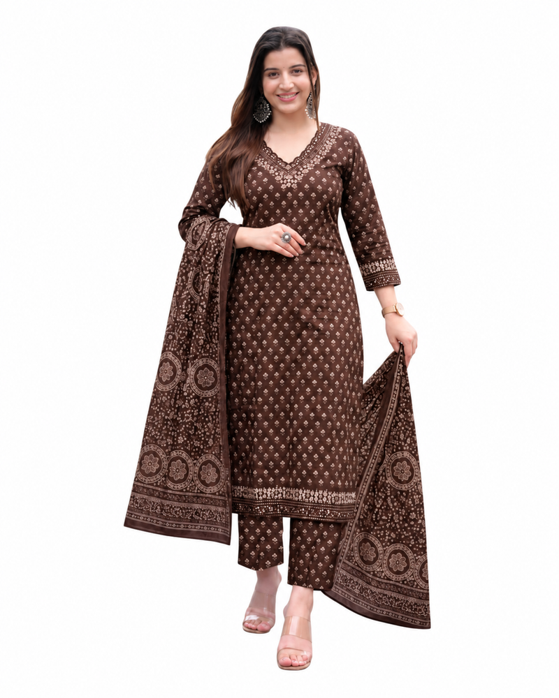 MIYAMI Brown Motif Printed Kurta Set