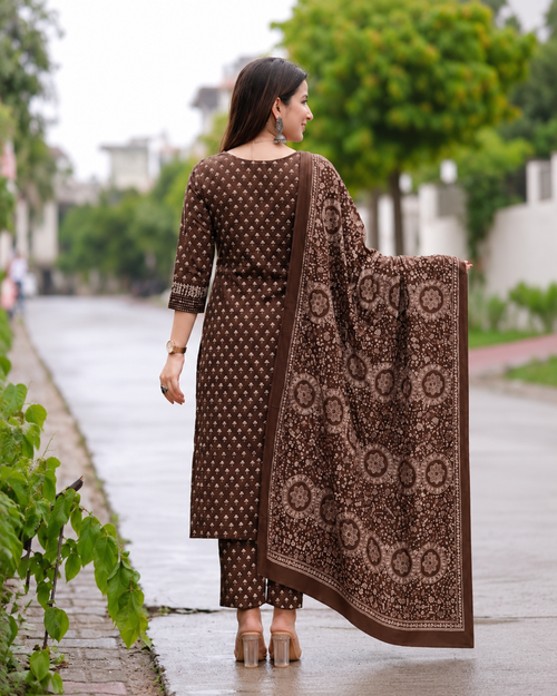 MIYAMI Brown Motif Printed Kurta Set
