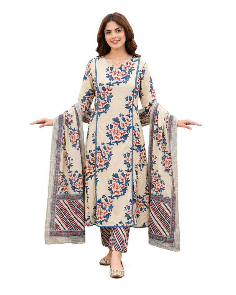 MIYAMI Cream Floral Printed Kurta Set