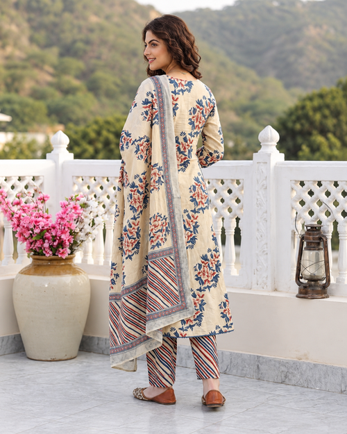 MIYAMI Cream Floral Printed Kurta Set