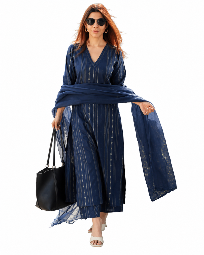MIYAMI Blue Printed Kurta Set