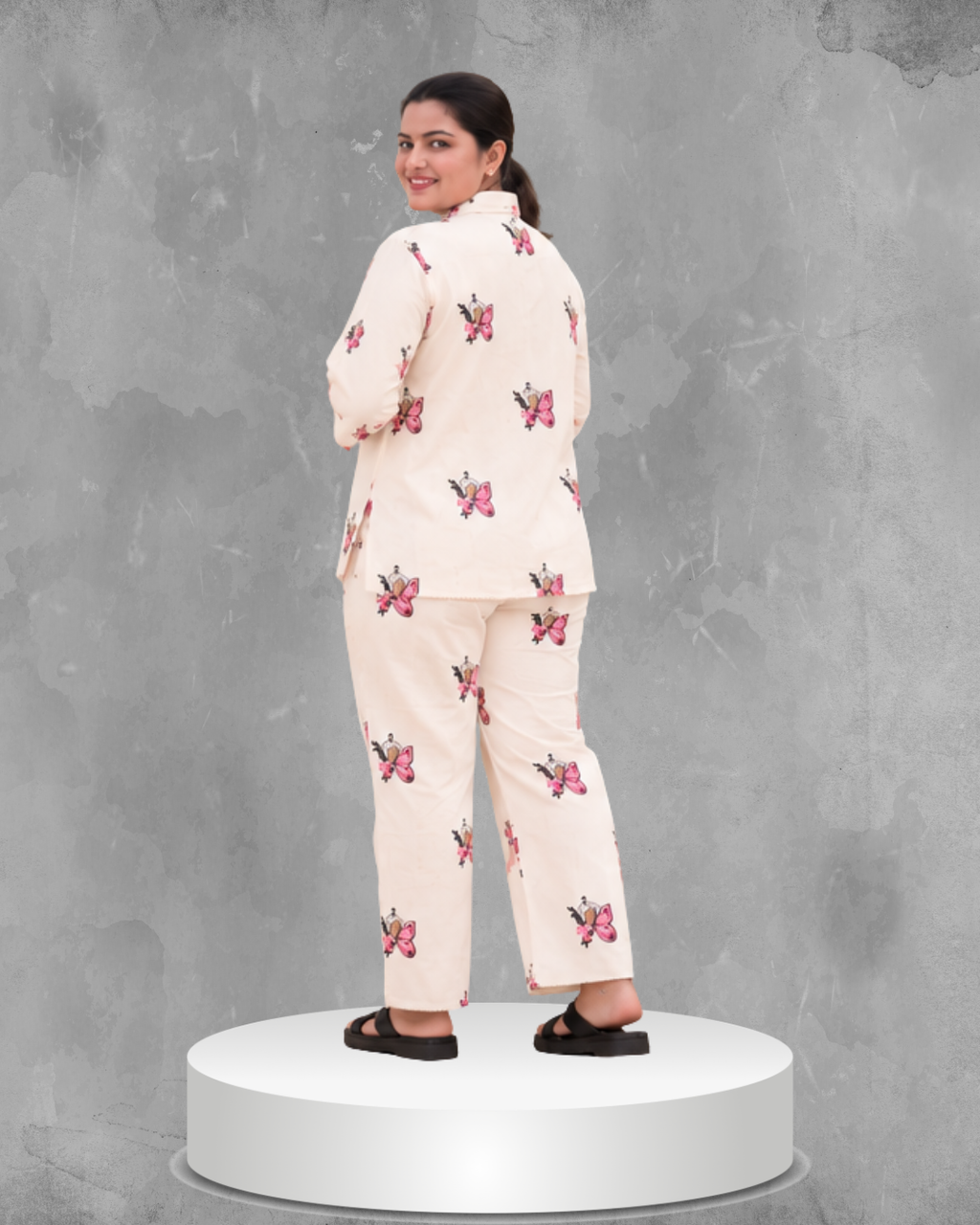 Miyami off-white pink and black butterfly embroidred work co-ord set