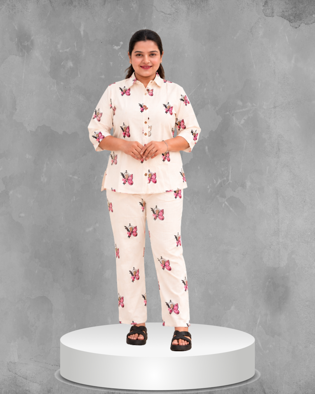 Miyami off-white pink and black butterfly embroidred work co-ord set
