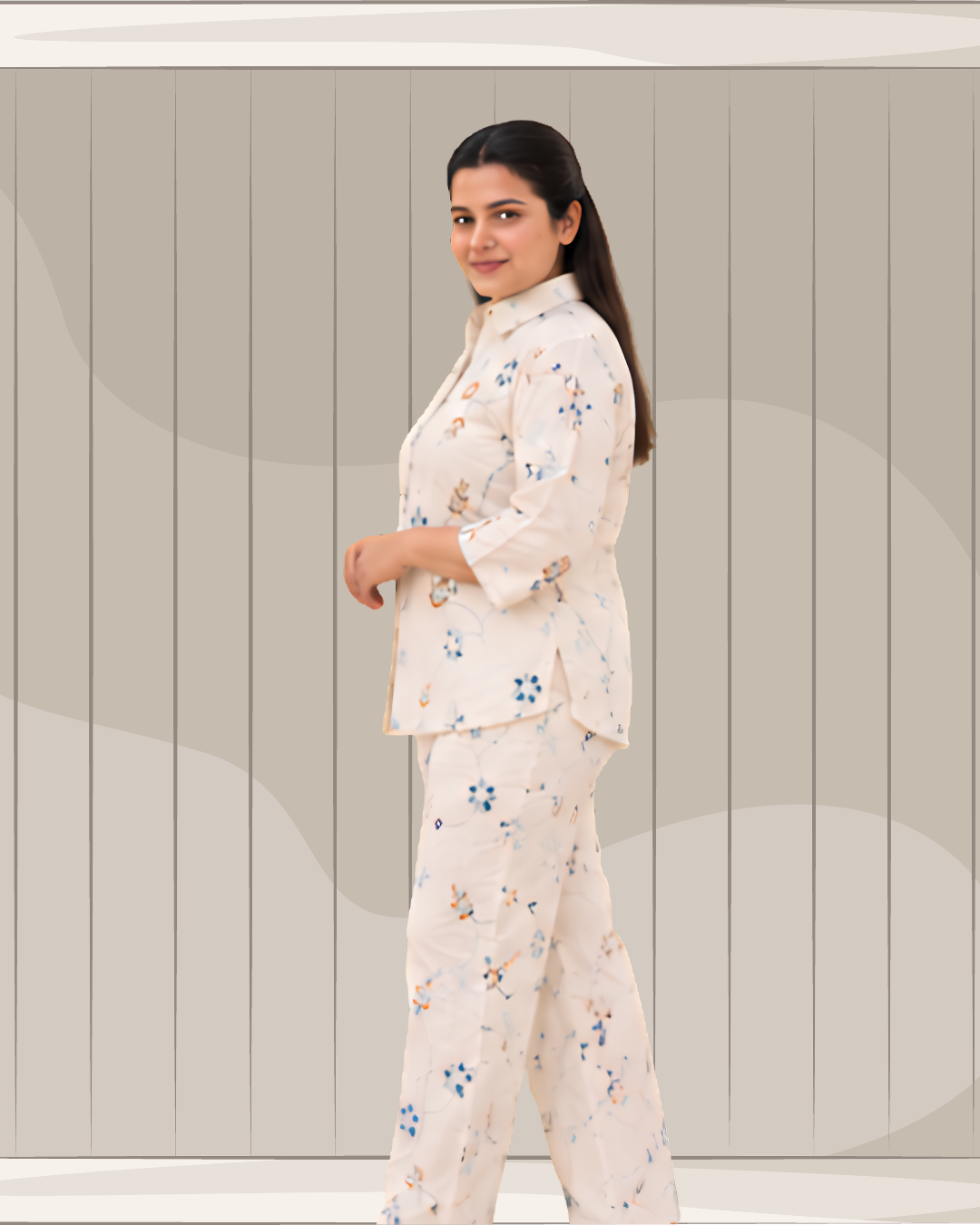 Miyami off-white floral bell embroidred work co-ord set