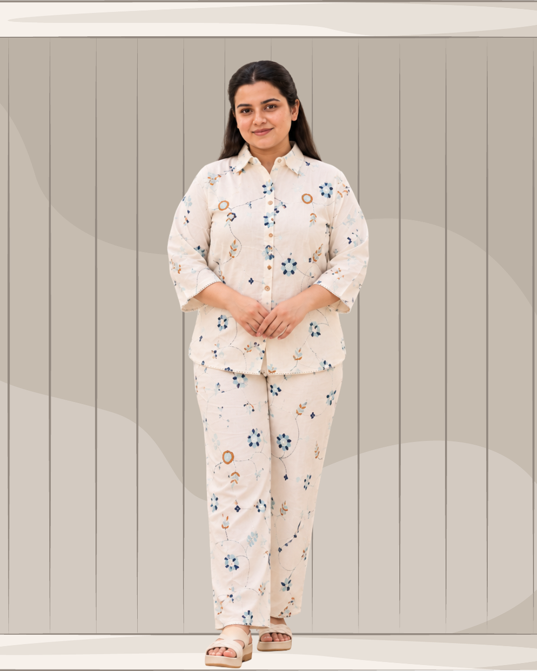 Miyami off-white floral bell embroidred work co-ord set
