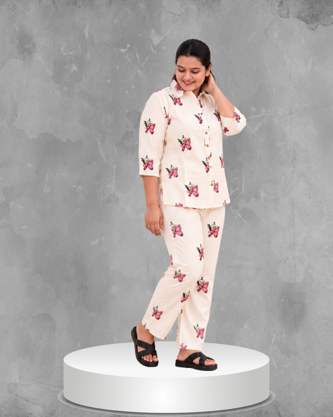 Miyami off-white pink and black butterfly embroidred work co-ord set
