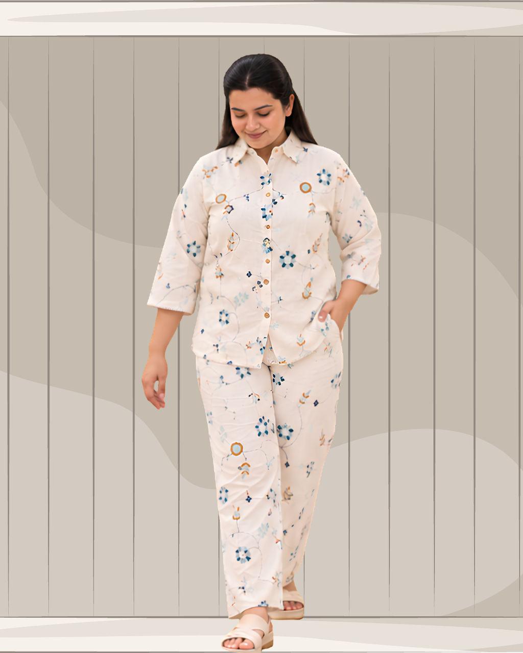 Miyami off-white floral bell embroidred work co-ord set