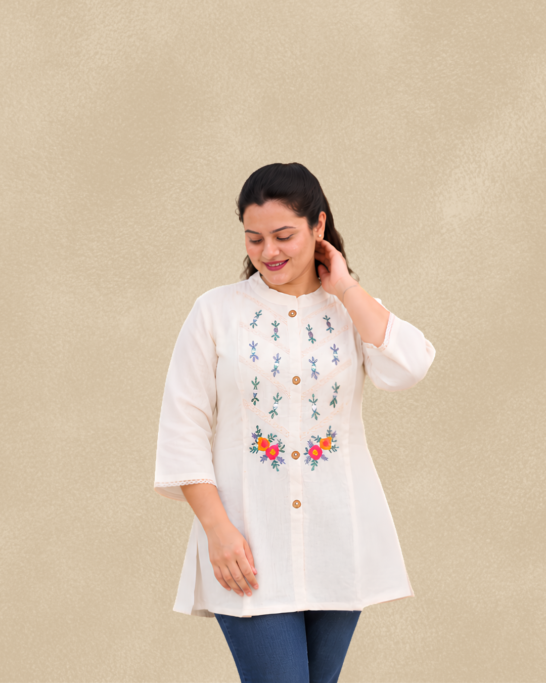 Miyami off-white floral embroidred work tunic kurti