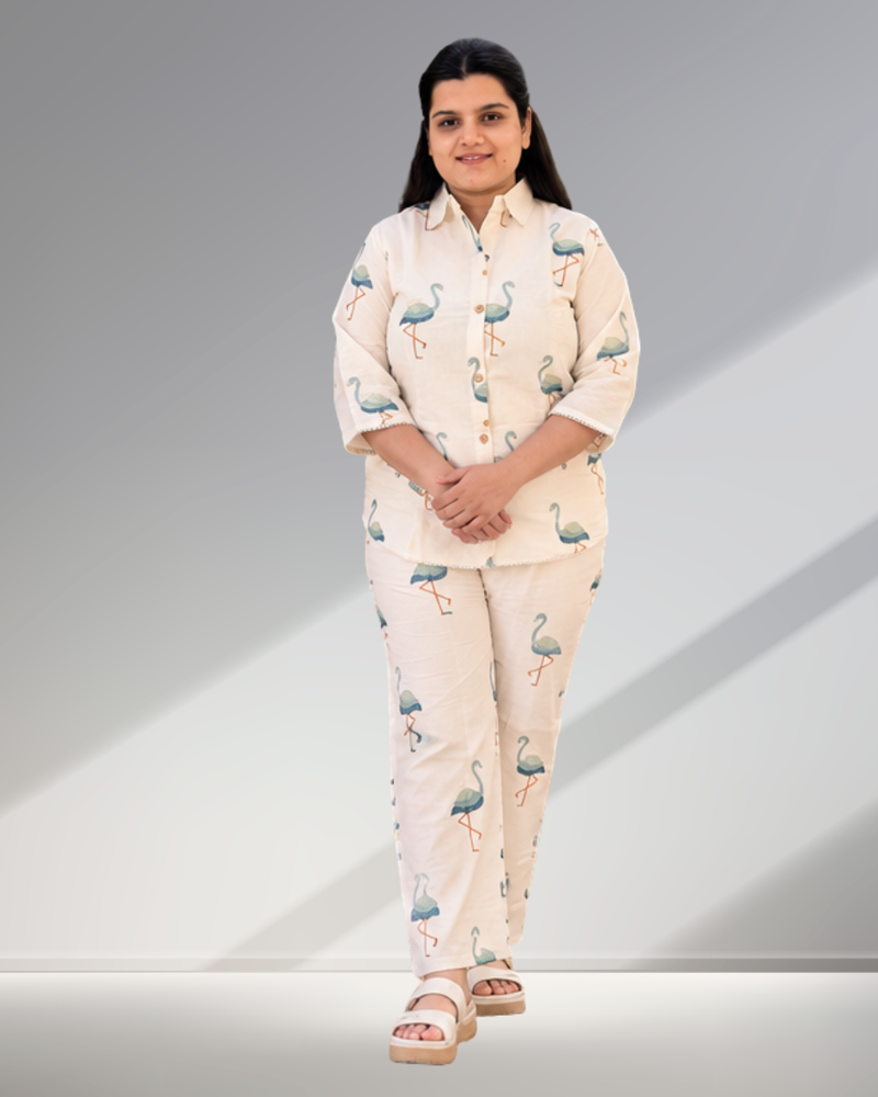 Miyami off-white colored flamingo embroidred work co-ord set