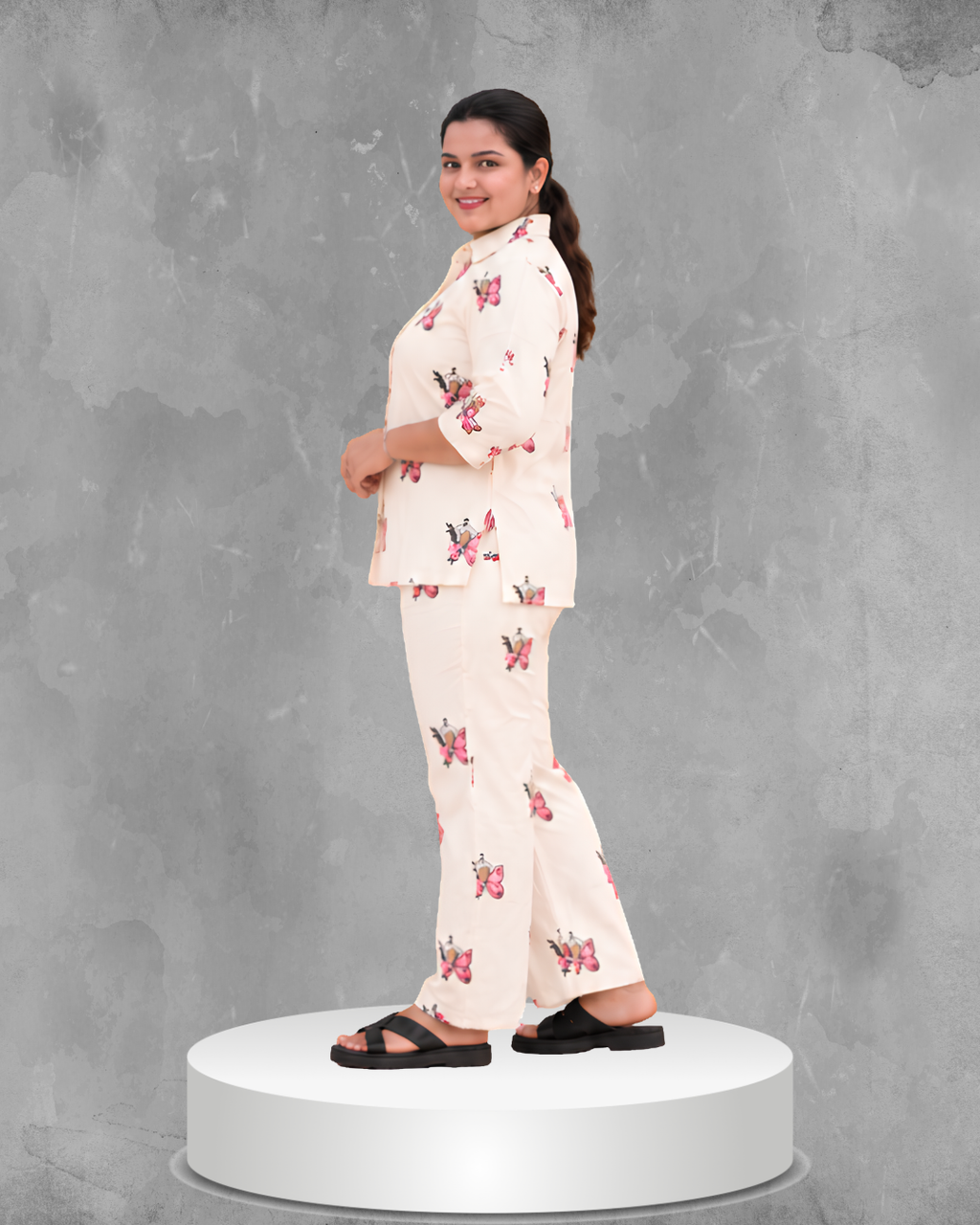 Miyami off-white pink and black butterfly embroidred work co-ord set