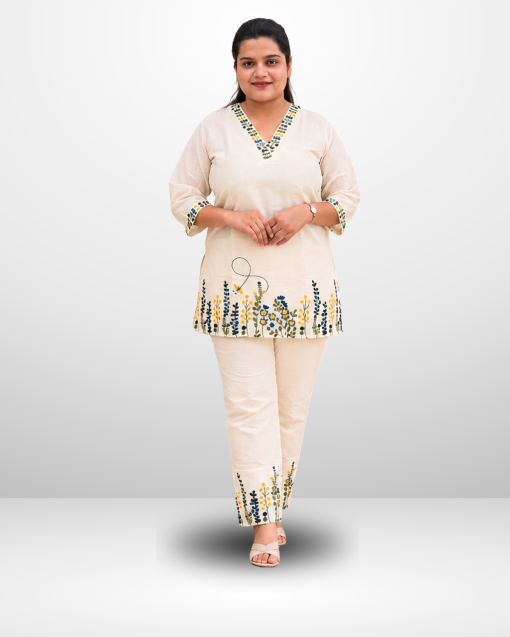 Miyami off-white flattering V-neckline embroidred work co-ord set