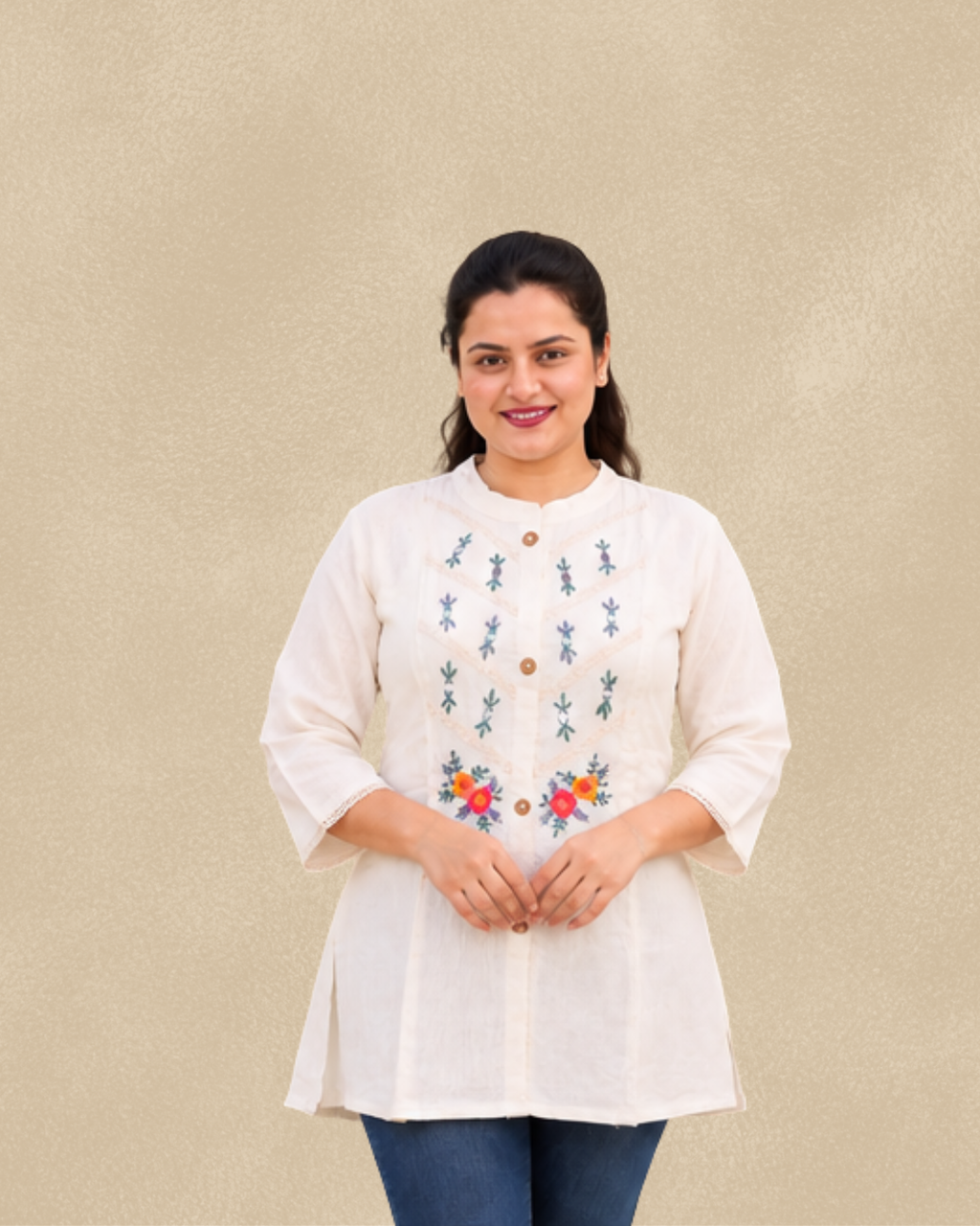 Miyami off-white floral embroidred work tunic kurti