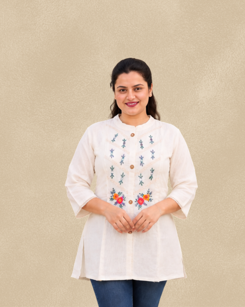 Miyami off-white floral embroidred work tunic kurti