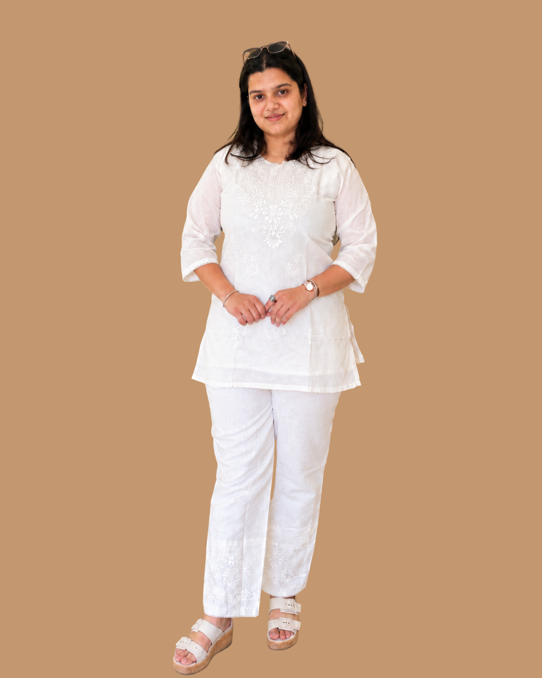Miyami off-white chikenkari embroidred work co-ord set