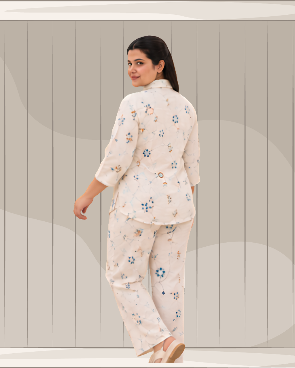 Miyami off-white floral bell embroidred work co-ord set