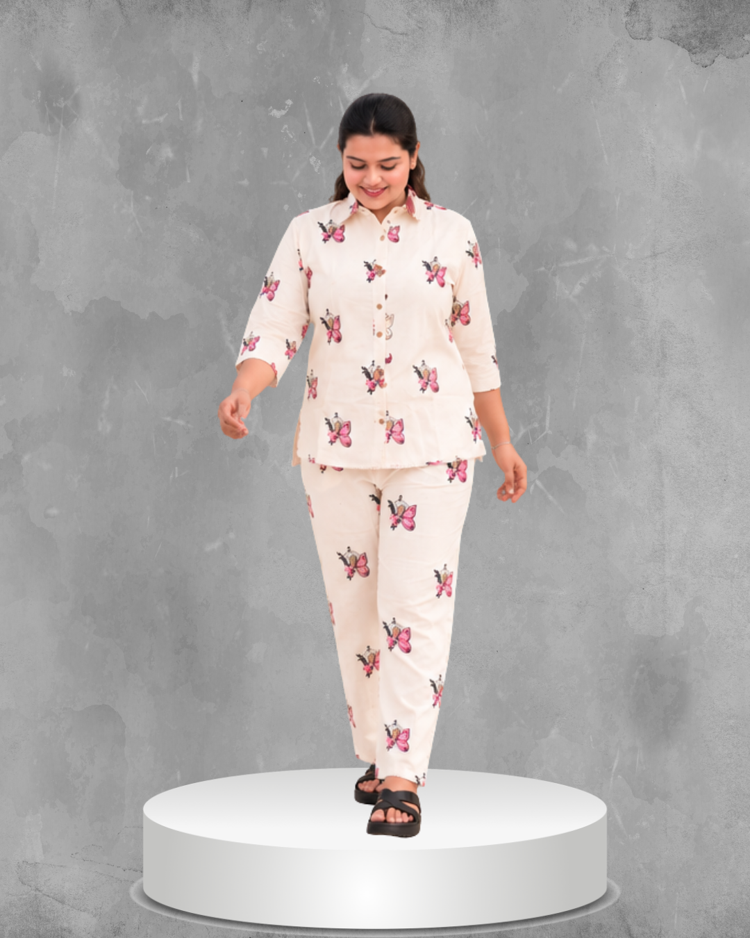Miyami off-white pink and black butterfly embroidred work co-ord set