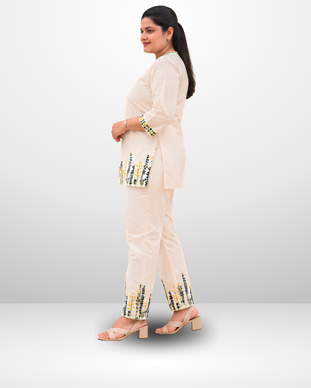 Miyami off-white flattering V-neckline embroidred work co-ord set