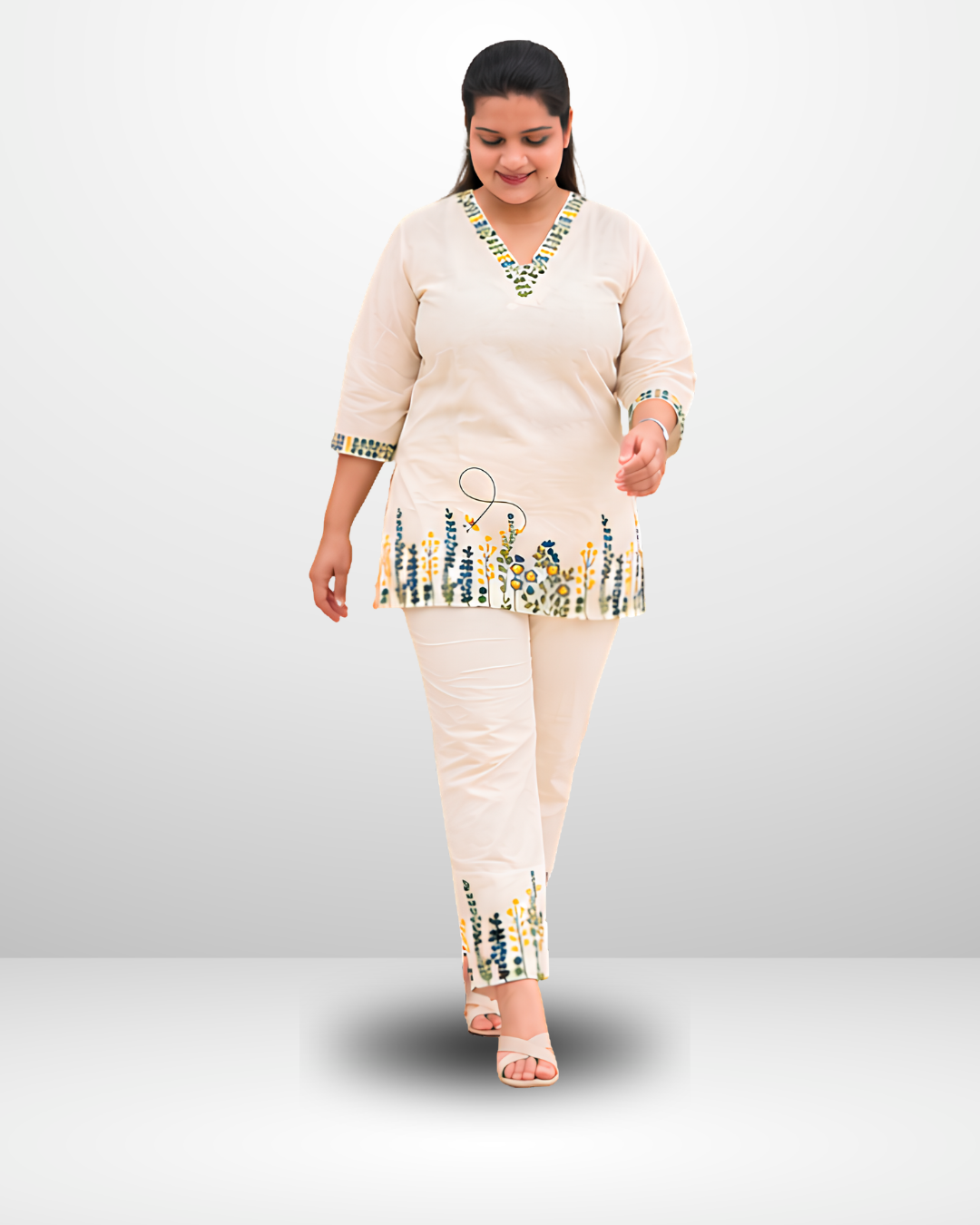 Miyami off-white flattering V-neckline embroidred work co-ord set