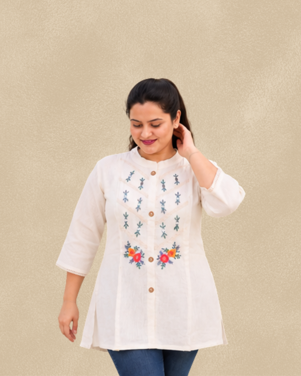 Miyami off-white floral embroidred work tunic kurti