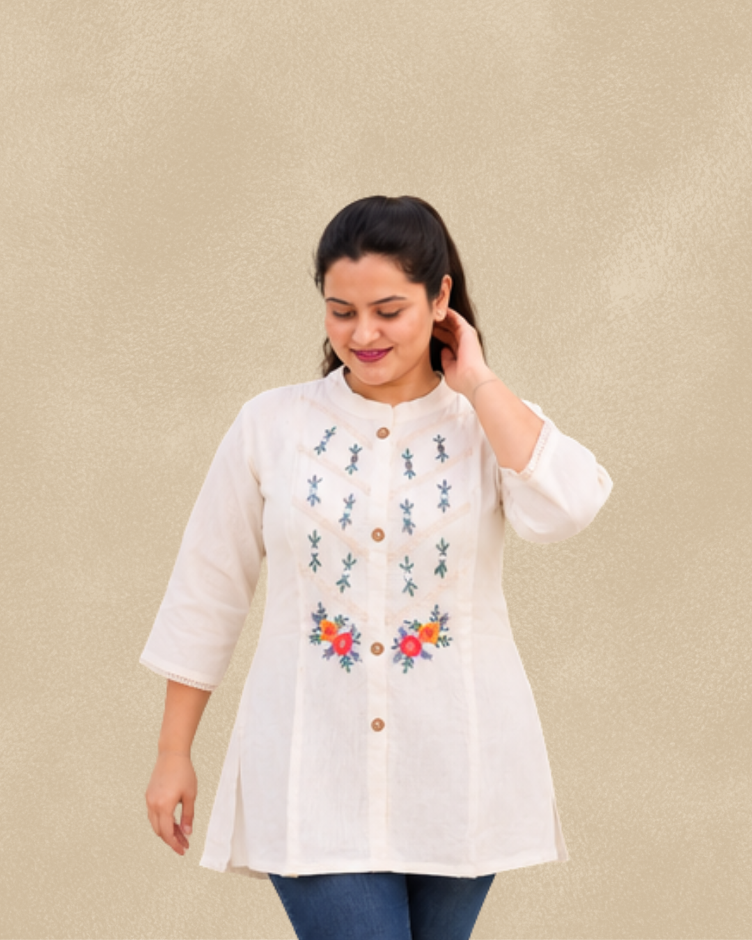 Miyami off-white floral embroidred work tunic kurti