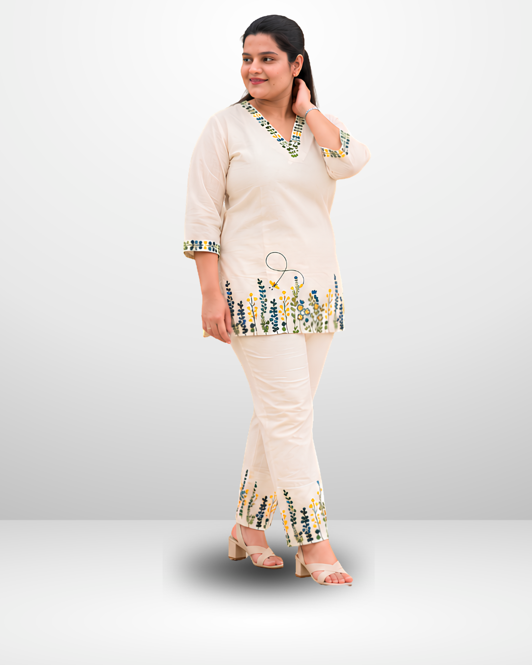Miyami off-white flattering V-neckline embroidred work co-ord set
