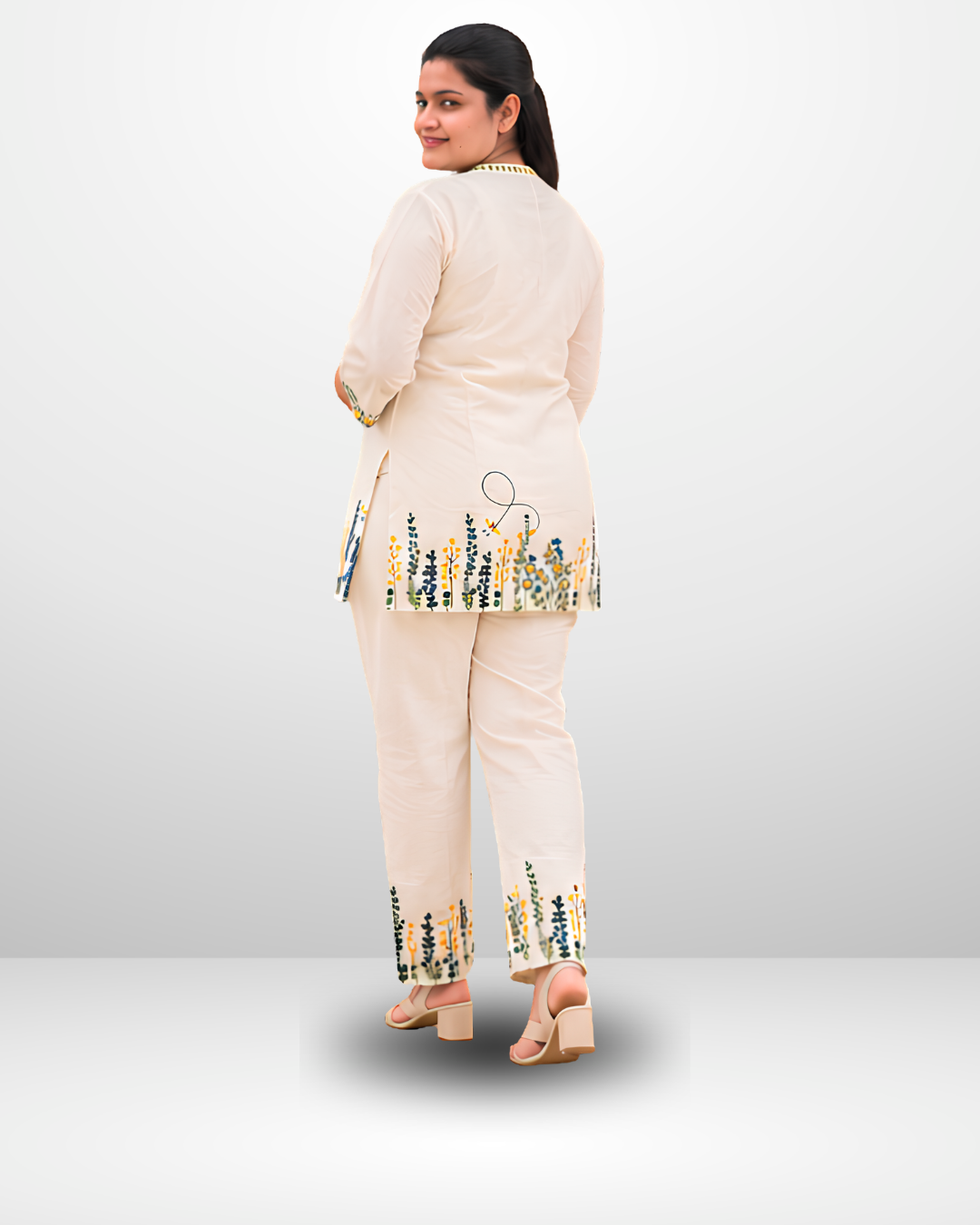 Miyami off-white flattering V-neckline embroidred work co-ord set