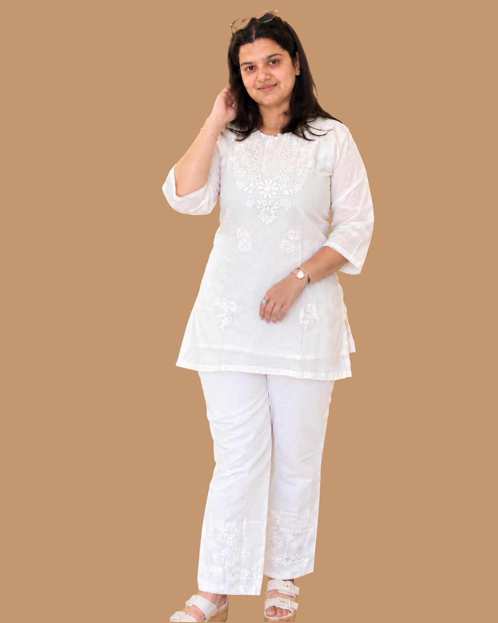 Miyami off-white chikenkari embroidred work co-ord set