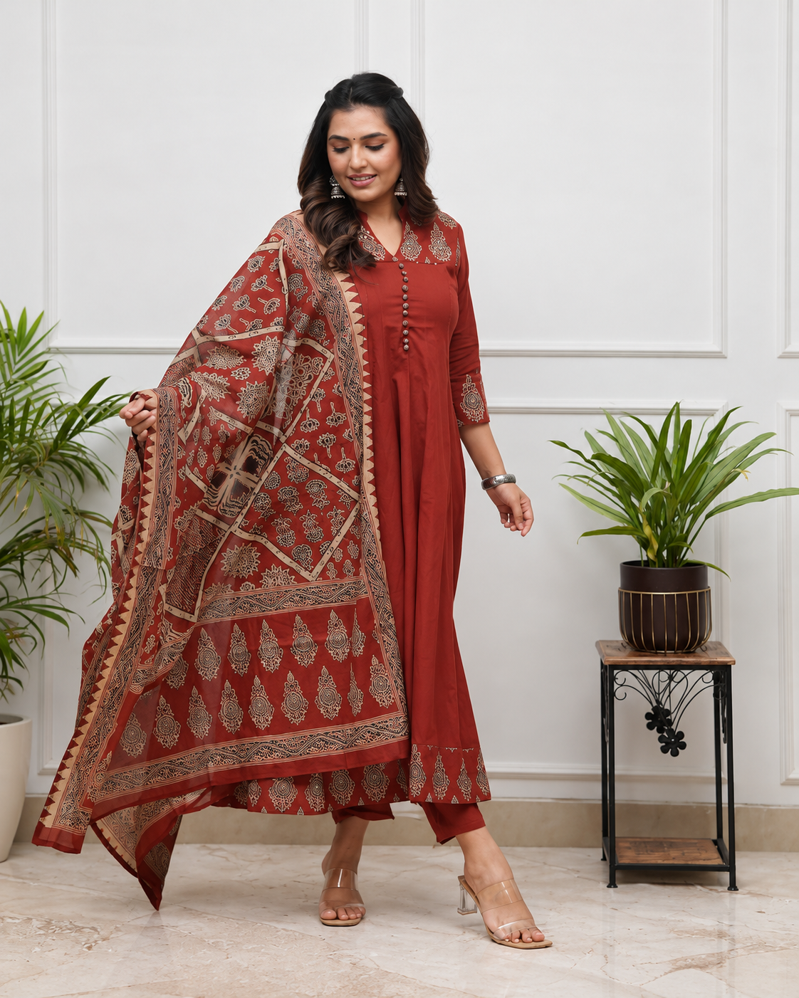 MIYAMI Maroon Printed Anarkali Kurta Set