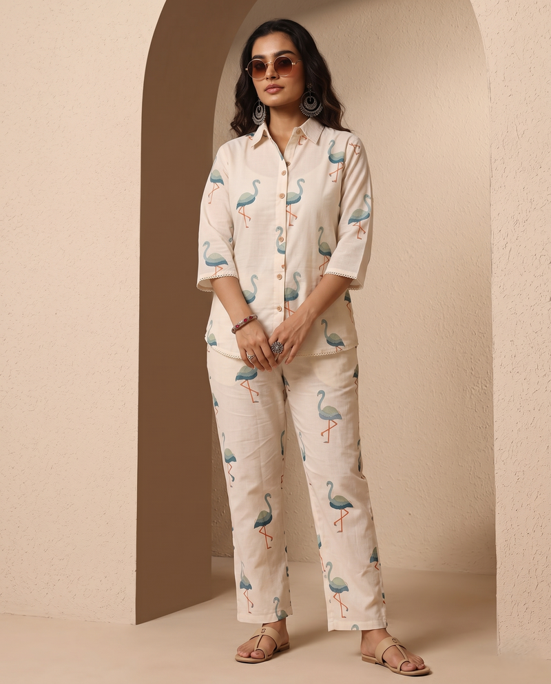 Miyami off-white colored flamingo embroidred work co-ord set