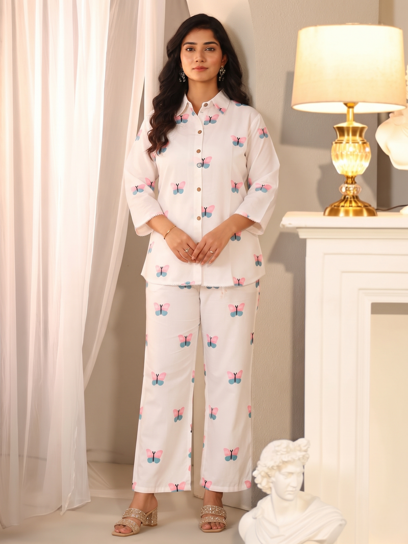 Miyami off- white butterfly embroidred work co-ord set