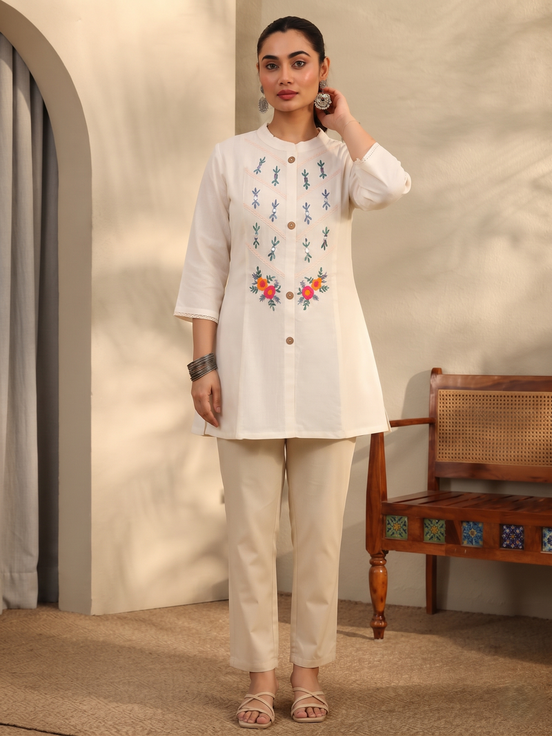 Miyami off-white floral embroidred work tunic kurti