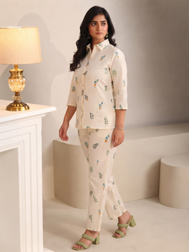Miyami off-white colored floral embroidred work co-ord set