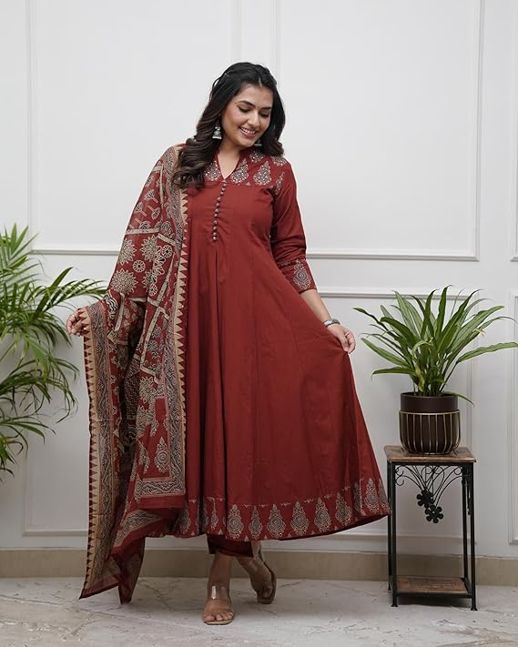 Miyami Women's Rayon Viscose Anarkali Printed Kurta Pant with Dupatta | Anarkali Kurta Set Flared Kurti Pant Set/Ethnic Printed Suit for Women
