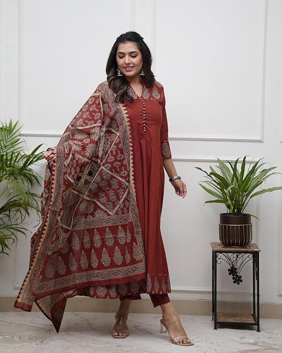 Miyami Women's Rayon Viscose Anarkali Printed Kurta Pant with Dupatta | Anarkali Kurta Set Flared Kurti Pant Set/Ethnic Printed Suit for Women