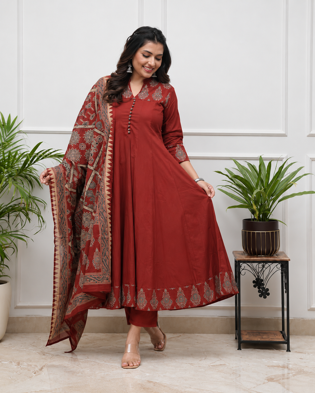MIYAMI Maroon Printed Anarkali Kurta Set