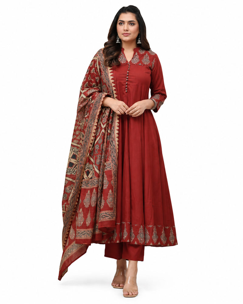 MIYAMI Maroon Printed Anarkali Kurta Set