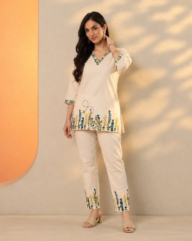 MIYAMI Off-White Floral Embroidered V-Neck Co-ord Set