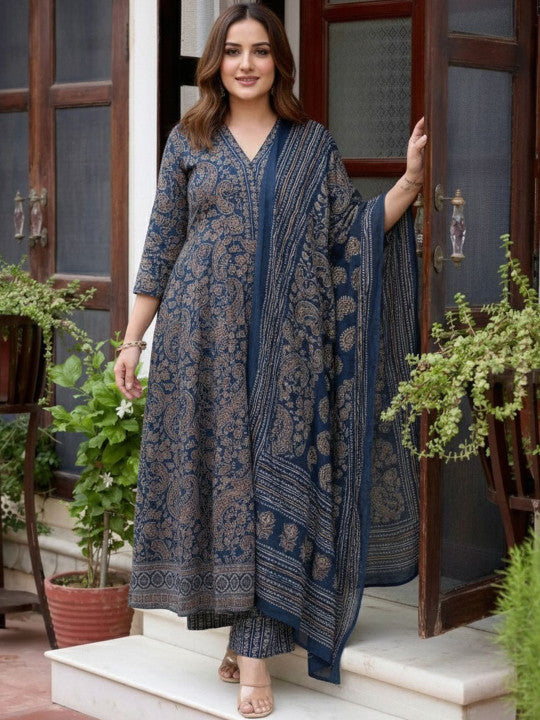 MIYAMI Blue Paisley Floral Printed Kurta Palazzo Set