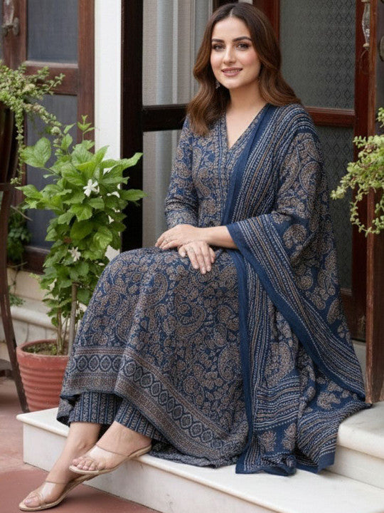 MIYAMI Blue Paisley Floral Printed Kurta Palazzo Set