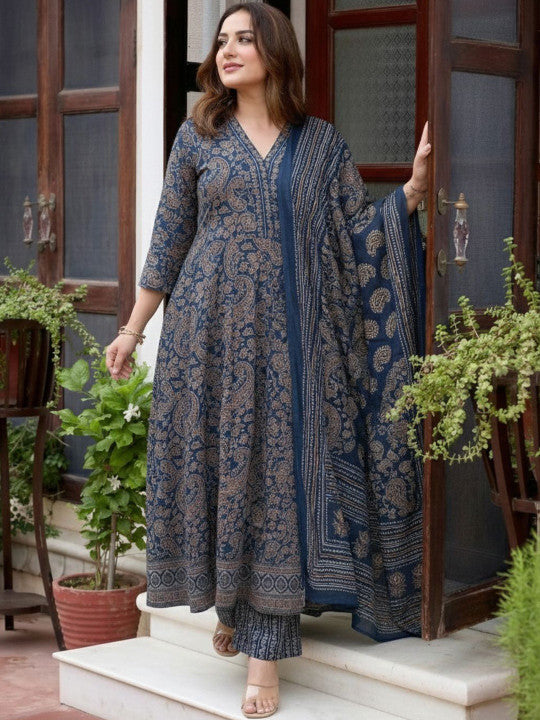MIYAMI Blue Paisley Floral Printed Kurta Palazzo Set