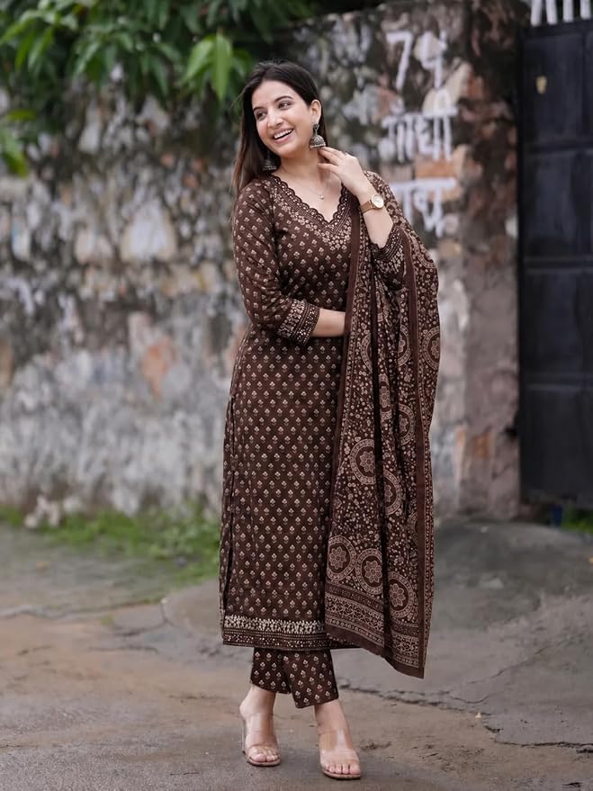 MIYAMI Brown Motif Printed Kurta Set