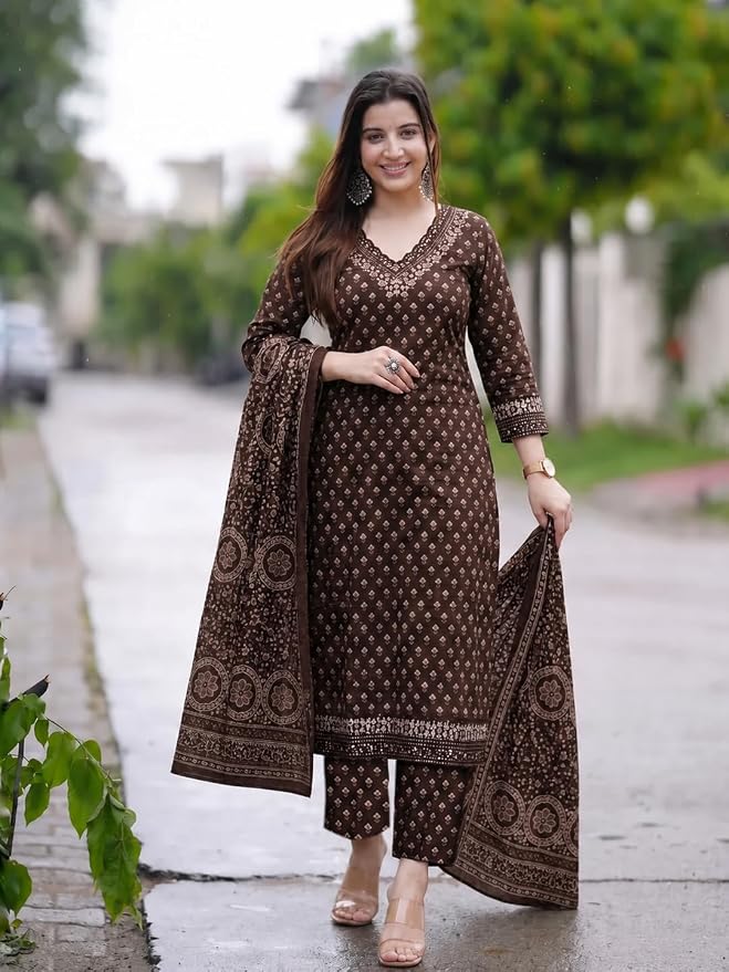 MIYAMI Brown Motif Printed Kurta Set