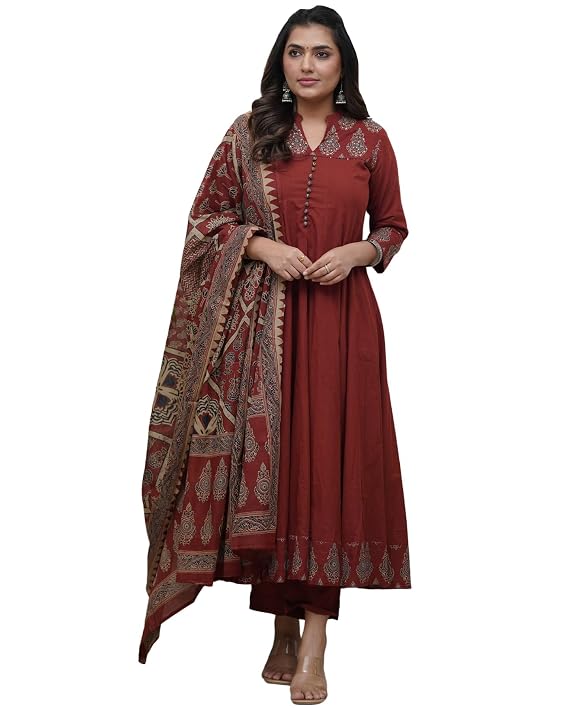 Miyami maroon printed Anarkali kurta set