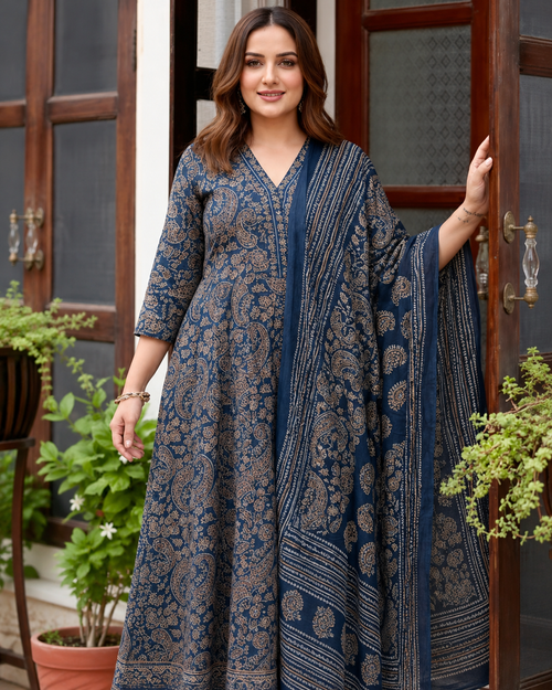 MIYAMI Blue Paisley Floral Printed Kurta Palazzo Set